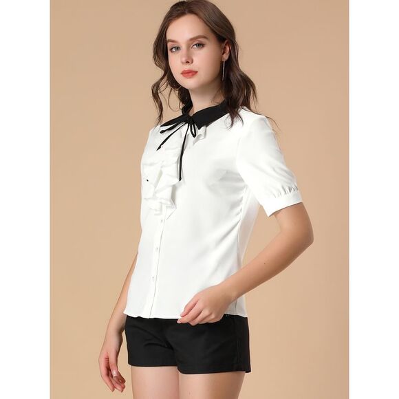 Women's Contrast Collar Tie Ruffle Front Button Short Sleeve Shirt White - Picture 4 of 6
